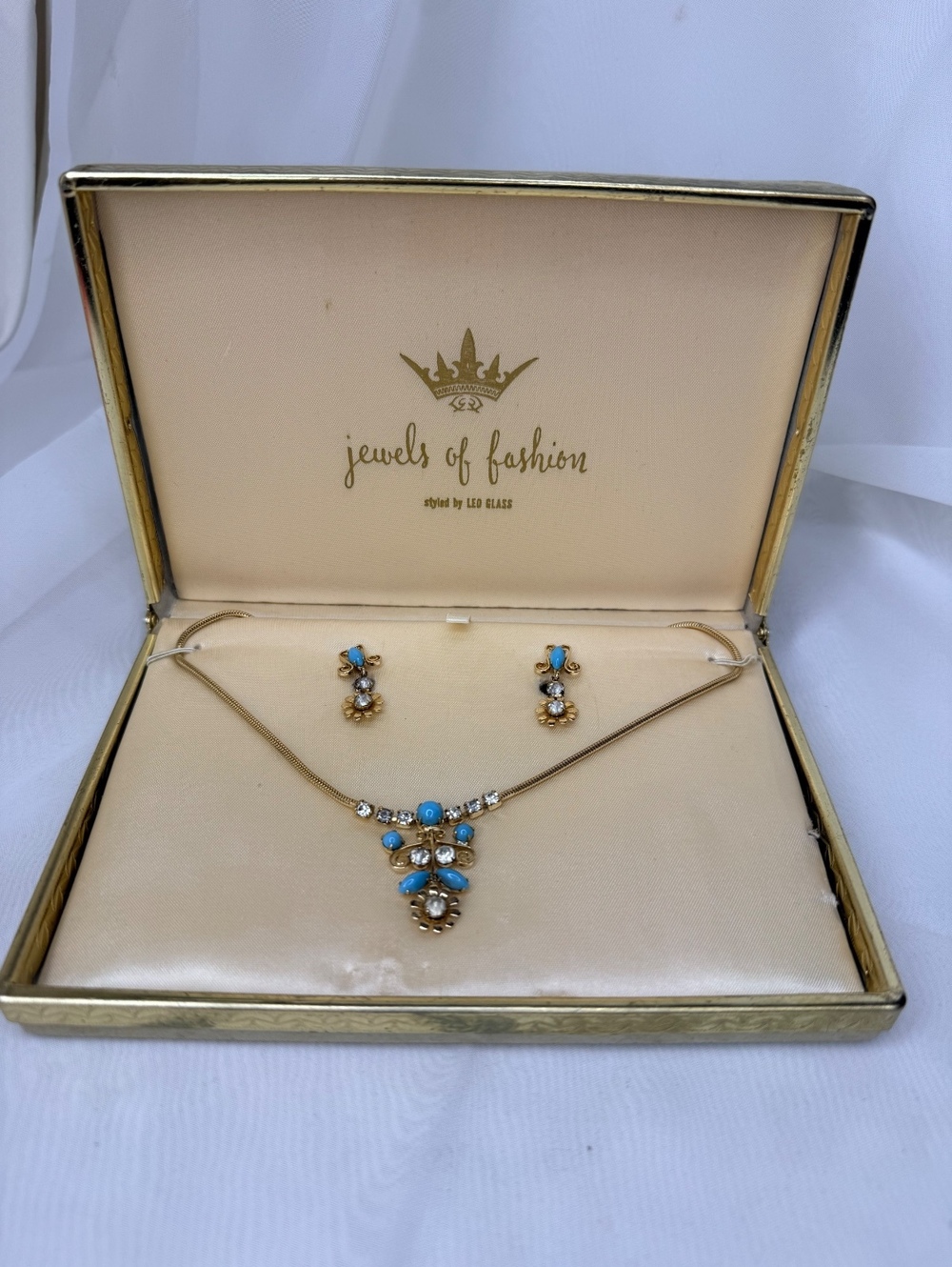 Leo Glass Blue Rhinestone 1940s-50s Necklace Earrings Set